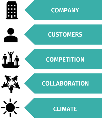 5C Analysis: company, customers, competition, collaboration, climate